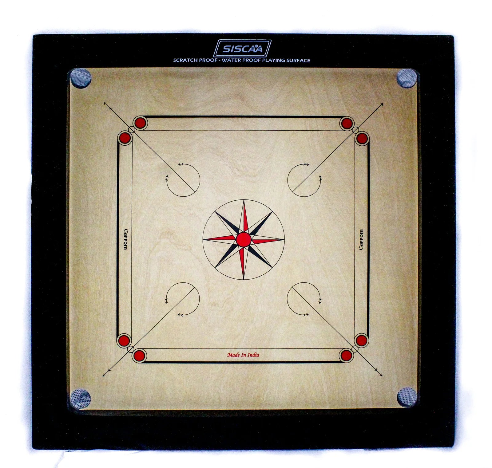 Carrom board with star design and 'Siscaa' branding on a white background